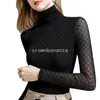 Women's T-skjortor T-shirt kvinna spets chiffon turtleneck sexig kläder svart 2023 trend topp tees pulovers i 90s grafik