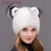 Chapéus Chapéus JERYAFUR Inverno Mulheres Mink Chapéu Vertical Tecelagem Genuína Natural Fur Cap Linda Orelhas de Gato Estilo 231124