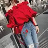 Women's Blouses Shirts Autumn Fashion Pure Color Lantern Sleeve Minute Lotus Leaf Side Off Shoulder Top Slash Neck Streetwear Red Female Tops 230424