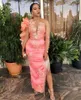 Party Dresses Elegant Slit Prom Long Sleeves Extra Puffy Organza Lace Tassels Aso Ebi Pink Evening Gowns Ankle Length Plus Size