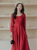 Casual Dresses Spring Vintage French Daily Hepburn Style Fashion Slim Beaded Square Collar Temperament Elegant Red Party Dress Vestido Robe