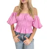 Women's T Shirts Women's Off Shoulder Puff Short Sleeve T-shirts Shirred Waist Ruffle Peplum Blouse Square Neck The Summer Crop Tops