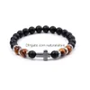 Bangle 8mm Preto Matted Beads Strand Rosa Quartz Tigres Olho Cruz Charms Pulseira Homens Mulheres Yoga Cura Nce Bangle Drop Delivery Jewe Dhuo8