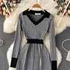 Casual Dresses Black Paid Knitted Women 2023 Fall Winter Elegant V-neck Long Sleeve Geometric Patterns Fit Knee-length Sweater Dress