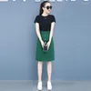 Work Dresses Summer 2023 Korean Elegant Two Piece Set Women Short Sleeve T-shirt A-Line Midi Skirts Suit Office Lady Clothing Q47