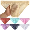 Cuecas masculinas rendas transparentes cuecas baixa ascensão sexy gelo seda respirável triângulo calças na moda masculino cor sólida