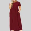 Plus size jurken vrouwen kleding zomer 2023 ronde nek massieve kleur afdruk lang met zakken l-5xl oversized