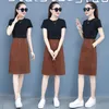 Work Dresses Summer 2023 Korean Elegant Two Piece Set Women Short Sleeve T-shirt A-Line Midi Skirts Suit Office Lady Clothing Q47