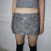 Skirts Weekeep Harajuku Grey Leather Skirt 90s Vintage Rhinestones Print Sexy Punk Style Super Short Mini Y2k Streetwear Ladies