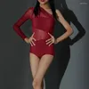 Stage Wear Costume da ballo latino rosso Body femminile con una manica e gonna con frange Vestito da concorso per ragazze Cha Rumba DNV16506