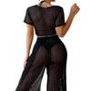 Women's Swimwear 2023 Sexy See Through Two Pieces Outfits For Women Sun-Protection Bikinis Cover Up Wide Leg Pants And Short Sleeves Crop