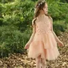 Abiti da ragazza Bellissimo abito a fiori per matrimonio Tulle senza maniche al ginocchio Applique Prima festa di compleanno eucaristica del bambino