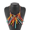 Necklace Earrings Set African Style Jewelry Accessories Ethnic Leather Rope Chain Wooden Batten Tassel Pendants Drop Earrins