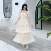 Casual Dresses Self Portrait Ladies Embroidered Collared Puff Sleeve Layered Pleated Maxi Dress