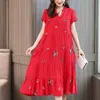 Casual Dresses Casual Fashion Summer Dress For Women Elegant A-Line Vintage Embroidery Party Short Sleeve Plus Size V-Neck Dresses 230425