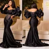 2023 Aso Ebi Black Mermaid Prom Gowns Cap Sleeves Elastic Satin Beaded Mermaid Evening Birthday Party Second Reception Dresses African Dress Engagement Gown ST285