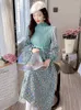 Casual Dresses Corduroy Knitting Vestidos Long Sleeves Floral A-Line Vintage Women Autumn Winter Bow Sweet Robe Femme 2023