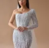 Abiti da sposa eleganti a sirena Una manica lunga Bateau Appliques Paillettes Pizzo 3D Staccabile Strascico in pizzo Perline Abiti da sposa lunghi fino al pavimento Abiti da sposa su misura