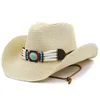 Bérets Femmes Kaki Turquoise Ceinture Cowboy Chapeau Floppy Plage Chapeaux D'été Paille Dames Protection UV Hommes Panama Soleil