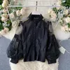 Women's Blouses Shirts SALIENCY Autumn French Vintage Heavy Mesh Lace Threedimensional Embroidery Blouse Women Puff Sleeve Fairy Shirt Top 230424