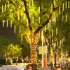 Juldekorationer 24/32 Rör Meteor Dusch LED String Lights Street Garlands Christmas Tree Decorations For Outdoor Year Fairy Garden Lights 231124