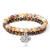 Charm Bracelets 2Pcs/Set Yellow Natural Stone Crazy Agates Tiger Eye Round Beaded Elastic Bracelet Tree Of Life Charms Bangle