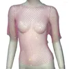 Blouses feminina Lady Club encobrir o Hollow O pescoço de mangas curtas Rhinestone Clubwear