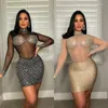 Casual Dresses Crystal Rhinestone Sparkly Birthday Dress for Women Mesh See Through Patchwork BodyCon Party Night Club Mini Sexi