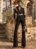 BC04 Black Pant Suits with Rhinestone 2023 New Color Hot Drill Blazer Belt Suit Diamond Crystal Slim Flare Pants 2 조각 의상