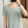 Women's T Shirts Summer Cotton Loose Graphic T-shirts For Woman Female V-neck Short-sleeve Simple Knitted Top Plus Size Knitwear Tees 7-5