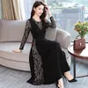 Casual Dresses Spring And Autumn Lace Stitching Fashion Cutout Slim Fit Temperament Round Neck High Waist Black Women's Big Swing