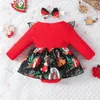 Meninas vestidos de natal vestido bebê bodysuits crawl terno roupas com hairband arco impressão manga longa outono criança festa roupas 231124