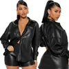 Women's Tracksuits Faux Leather PU Shorts Set Long Sleeve Shirts And Mini Suit Streetwear Matching Two 2 Piece Outfits