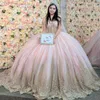 Pink Glittering Quinceanera Dresses Beading Gold Applique Lace With Cape Formal Princess Birthday Party Vestidos De 15 Anos