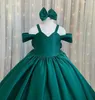Платья для девочек Изумрудно-зеленое пышное платье с цветочным рисунком на свадьбу, атласное бальное платье с открытыми плечами, вечерние для девочек на первое причастие