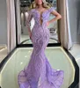 Exquisite Meerjungfrau-Abendkleider Ein Langarm-V-Ausschnitt Applikationen Pailletten Bodenlange Perlen Abnehmbarer Zug Abschlussballkleid Formelles Kleid Plus Size Kleider Partykleid