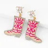 Boucles d'Oreilles Pendantes Pave Cowboy Boot Drop Pour Femme - Bleu Ciel/Rose Western Nashville Cowgirl Avec Strass