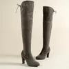 Stivali Donna Autunno Moda Stivali lunghi con cerniera laterale Erano sottili Scarpe sopra il ginocchio in pelle scamosciata spessa con tacco alto Nero Grigio 231124