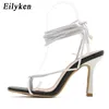 Sandaler Eilyeken Fashion Sexig snörning Kvinnor Sandaler Square Toe Thin Heel Cross bundna Party Shoes High Heel 9cm svart vit storlek 3542 230425