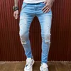 Mäns magra jeans casual smala cyklist jeans denim knähål oroliga repade blekt blekt hiphop rippade byxor tvättade mellersta vikt blyertsbyxor