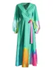 Casual Dresses 2023 Women Spring Summer Retro V-hals Cross-strap Front Flap Design Lång klänning Färgglada snörning Ruffles