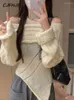 Women's Sweaters CJFHJE Apricot Knitted Sweater Women Pink Elegant Blouse Y2k Crop Tops Irregular Autumn Long Sleeve Two Piece Set Chic