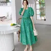 Lässige Kleider mit Puffärmeln, florales Maxikleid, quadratischer Kragen, A-Linie, Baumwolle, Robe, Sommer, Boho, Übergröße, Midi, elegant, koreanisch, Harajuku Sukienki 230424