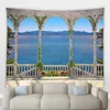 Tapestries Ocean Natural Landskap Tapestry Greek Garden Arched Dörrar Windows Tropiska gröna växter Vägg hängande vardagsrum sovrumsdekor