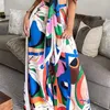 Women's Pants Summer Fashion Printed Color Women's Sexy Strapless Waistcoat Big Open Back Graffiti Wide Leg Two-piece Set