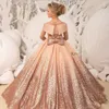 2023 Flower Girl Dresses per matrimonio paillettes spalle grandi fiocchi backless Bambini Pageant Dress perline Ragazze baby Birthday Party festa di compleanno Abiti di Natale