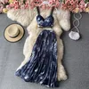 Casual Dresses European Style Beach Fashion Women Set Spaghetti Strap Print Sleeveless Adrapless Elegant Swing Long 2023 Summer