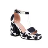 Sandaler Super Chunky Heel Cow Print Peep Toe Square Platform Ankel Metal Buckle Brown Women's