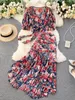 Two Piece Dress Bohemian PinkBlue Floral Print Chiffon 2pcs Set Women Summer Bandage Short Tops High Waist Mermaid Skirt Female Sets 230424