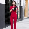 Pantalon de deux pièces pour femmes costume professionnel femme été à manches courtes 2023 laçage mode tempérament rouge dames formelle cosmétologue